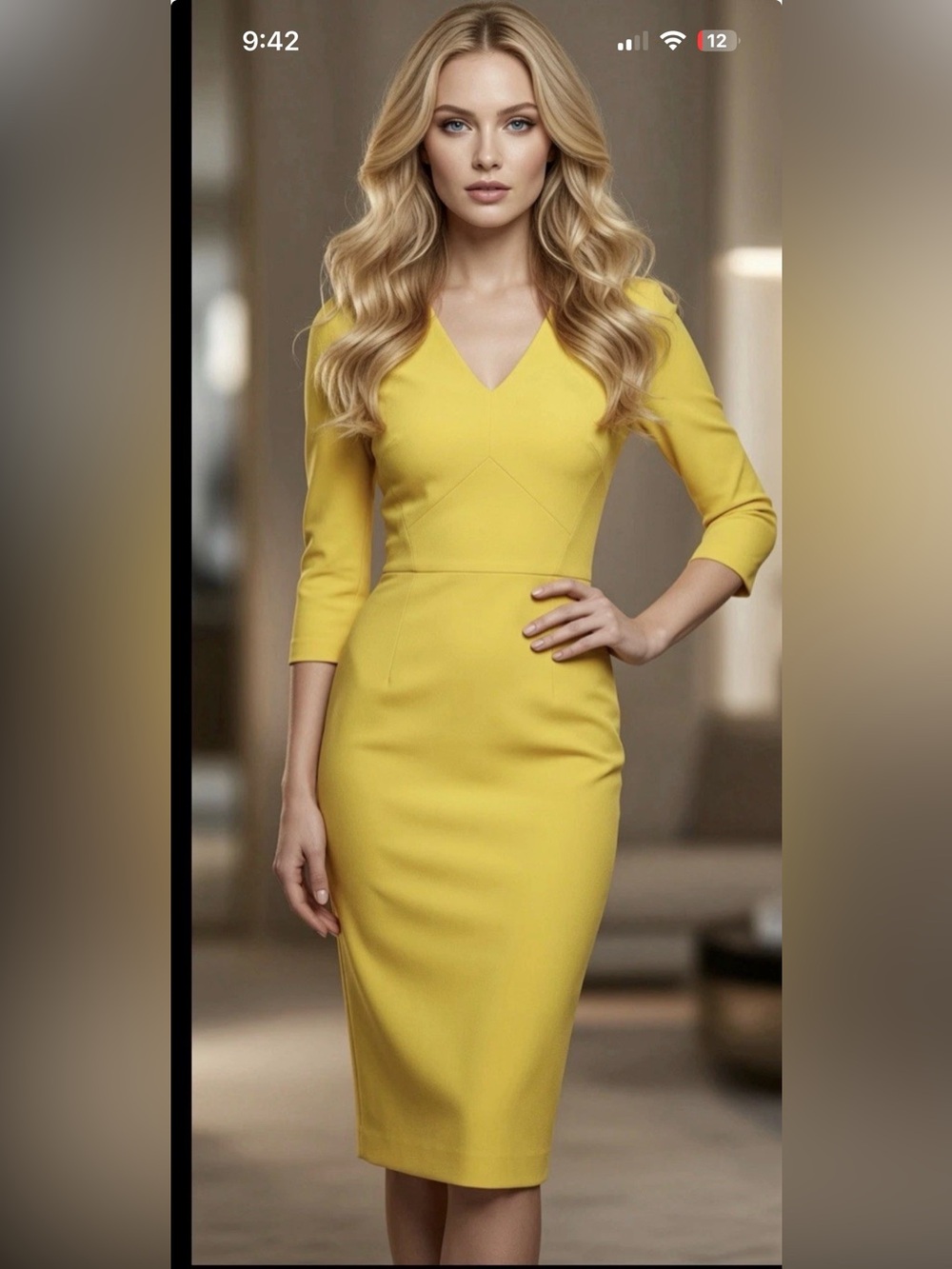 Victoria Beckham Bright Yellow V-Neck Midi Sheath Dress